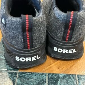 Sorel Gray Wool-Blend Slip-Ons with Black Soles and Red Pull Tabs